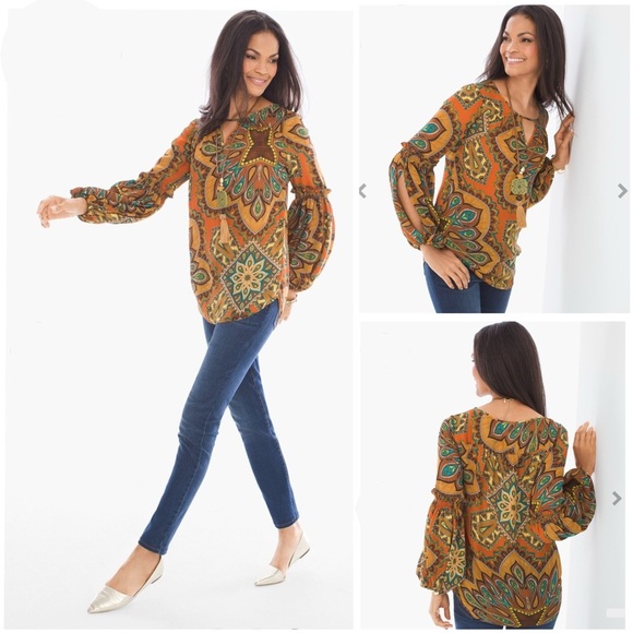 Chico's Womens Multicolor Paisley Blouse Sz 3/XL Medallion Print Bishop Sleeve - Picture 1 of 15